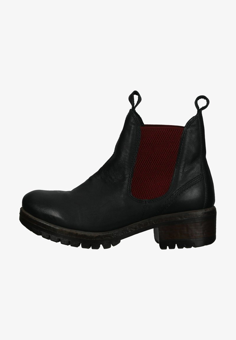 Bota de cuero negro hasta el tobillo con paneles laterales elásticos rojos texturizados y lengüetas. Tacón resistente y suela de goma con patrón.