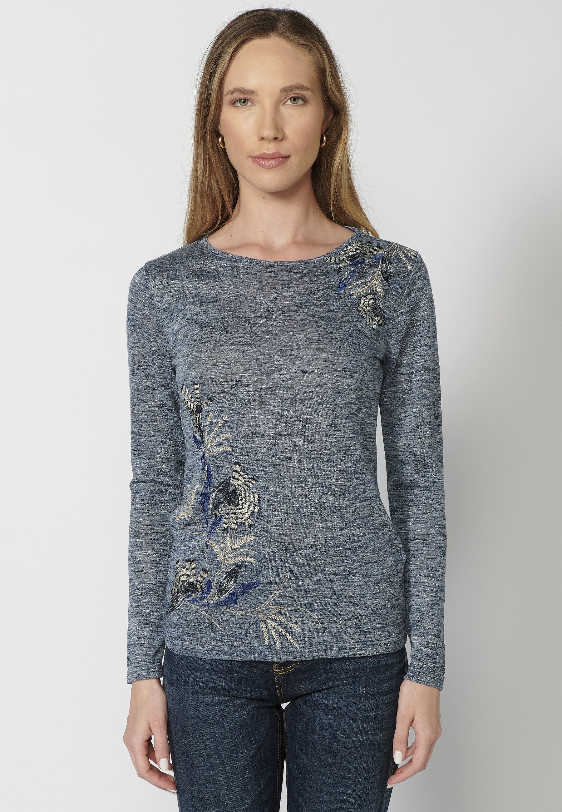Damen Langarmshirt Mit Spitzenmuster - Kastanienbraunes Viskose T-Shirt Mit Blumenprint