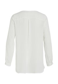 Blusa bianca a maniche lunghe con tessuto liscio, scollatura rotonda, piega posteriore e polsini con bottoni. Design semplice senza motivi.