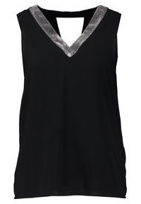 Top senza maniche nero con scollatura a V adornata da un bordo metallico argento, realizzato in tessuto morbido con una vestibilità rilassata e senza ulteriori fantasie.
