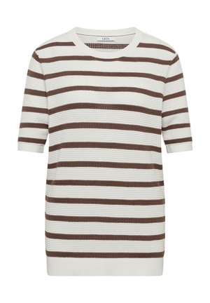 Weißes, kurzärmeliges Strickoberteil mit horizontalen braunen Streifen und rundem Ausschnitt.