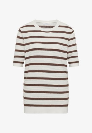 Weißes, kurzärmeliges Strickoberteil mit horizontalen braunen Streifen und rundem Ausschnitt.