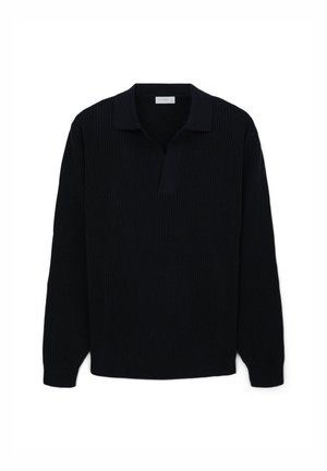 Schwarzer gerippter Pullover mit langen Ärmeln, einem flachen Kragen und einer offenen Knopfleiste; verfügt über einen strukturierten Stoff für zusätzliche Tiefe.