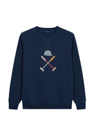 Sudadera navy con cuello redondo y mangas raglán. Presenta un gráfico central de una gorra y mazos cruzados en tonos pastel. Textura suave.