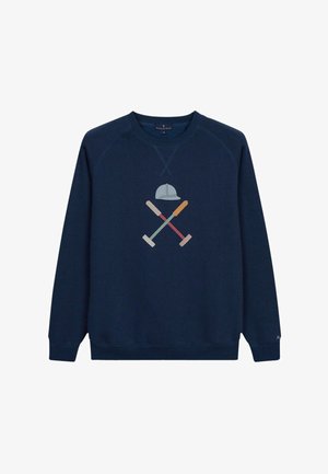 Marineblauw sweatshirt met ronde hals en raglanmouwen. Met een centrale grafiek van een pet en kruisende hamers in pastelkleuren. Zachte textuur.