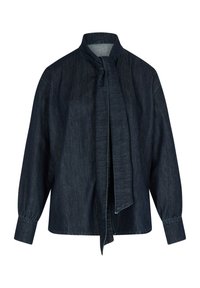 Blouse en denim foncé avec un col mandarin et une fermeture à long lien. Comprend des manches longues avec des poignets boutonnés et une coupe ample et carrée.