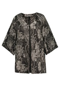 Zwarte jas met bloemenprint, met een V-hals, korte mouwen, ritssluiting aan de voorkant en twee voorzakken, gemaakt van een lichtgewicht, gestructureerde stof.