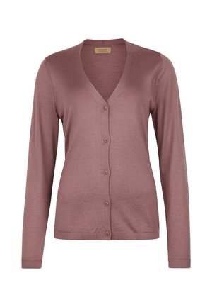 Długi kardigan w kolorze fioletowym, z dekoltem w serek, pięcioma guzikami z przodu oraz prążkowanymi mankietami i dołem.