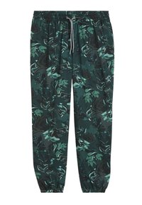 Grønne joggers med mønster og en afslappet pasform, der har en elastisk talje med snøre, tapered manchetter og abstrakte bladdesigns i varierende nuancer.