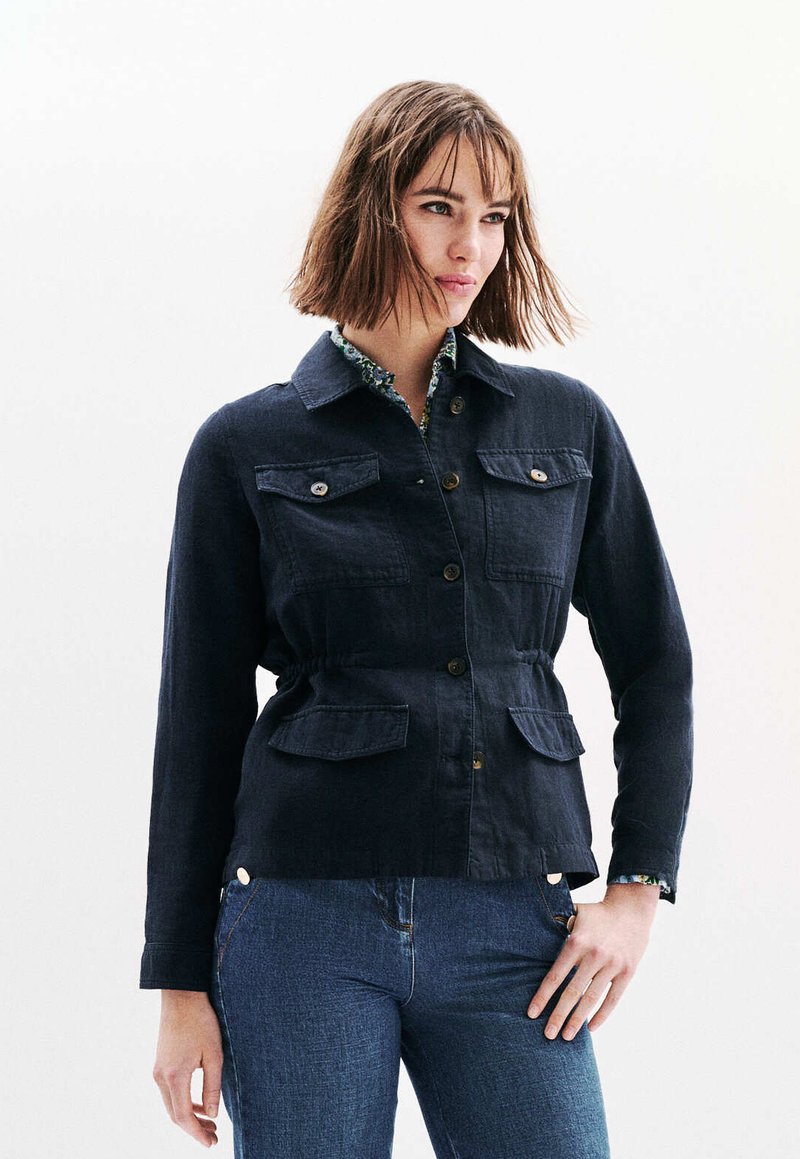 Tummansininen takki, jossa on jämäkkä muotoilu, nappikiinnitys, kaksi etutaskua ja vyötäröltä kiristetty malli. Yhdistetty sinisiin farkkuihin.