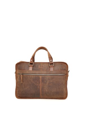 Bruine leren aktetas met twee bovenhandvaten, een voorklep met ritssluiting, subtiele stikdetails en een vintage textuurafwerking.