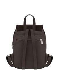 Zaino in pelle marrone scuro con texture, spallacci regolabili, manico superiore e tasca zip orizzontale sul retro.