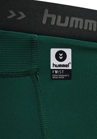 Sous-vêtement de performance vert avec un tissu texturé, des bords cousus et une taille élastique noire arborant le logo 'hummel' en gris.