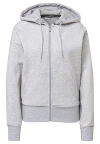 Sweat à capuche zippé gris clair avec poches avant, cordons de capuche réglables, poignets et ourlet côtelés, et petit logo Adidas sur la poche inférieure gauche.