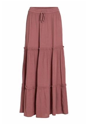 Jupe longue mauve à volants avec taille élastique et cordon de serrage, en tissu léger et texturé.