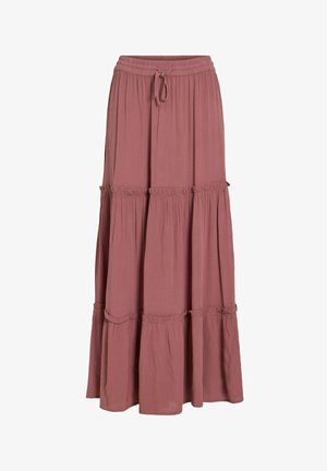 Jupe longue mauve à volants avec taille élastique et cordon de serrage, en tissu léger et texturé.