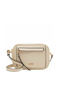 Borsa a tracolla in pelle beige con finitura texture, dettagli neri, hardware dorato e tasca frontale con zip. Include tracolla regolabile.