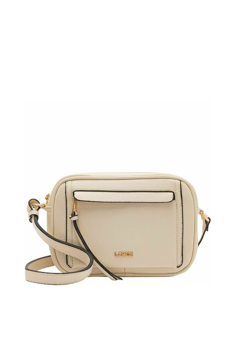 Borsa a tracolla in pelle beige con finitura texture, dettagli neri, hardware dorato e tasca frontale con zip. Include tracolla regolabile.