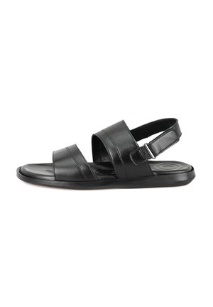 Des sandales en cuir noir présentent deux larges lanières sur le pied et une lanière de talon réglable. La semelle est plate avec une texture lisse.