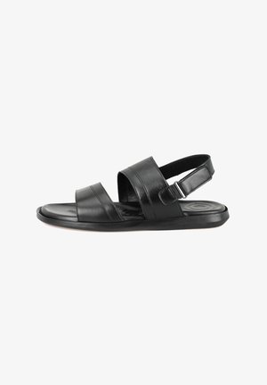 Zwarte leren sandalen hebben twee brede riemen over de voet en een verstelbare hielriem. De zool is plat met een gladde textuur.