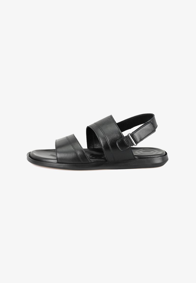 Schwarze Ledersandalen mit zwei breiten Riemen über dem Fuß und einem verstellbaren Fersenriemen. Die Sohle ist flach und hat eine glatte Textur.