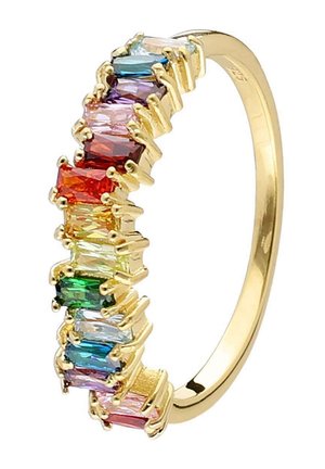 Gold ring featuring a row of multicolored, rectangular gemstones set in prongs, showcasing red, orange, yellow, green, blue, and purple hues.