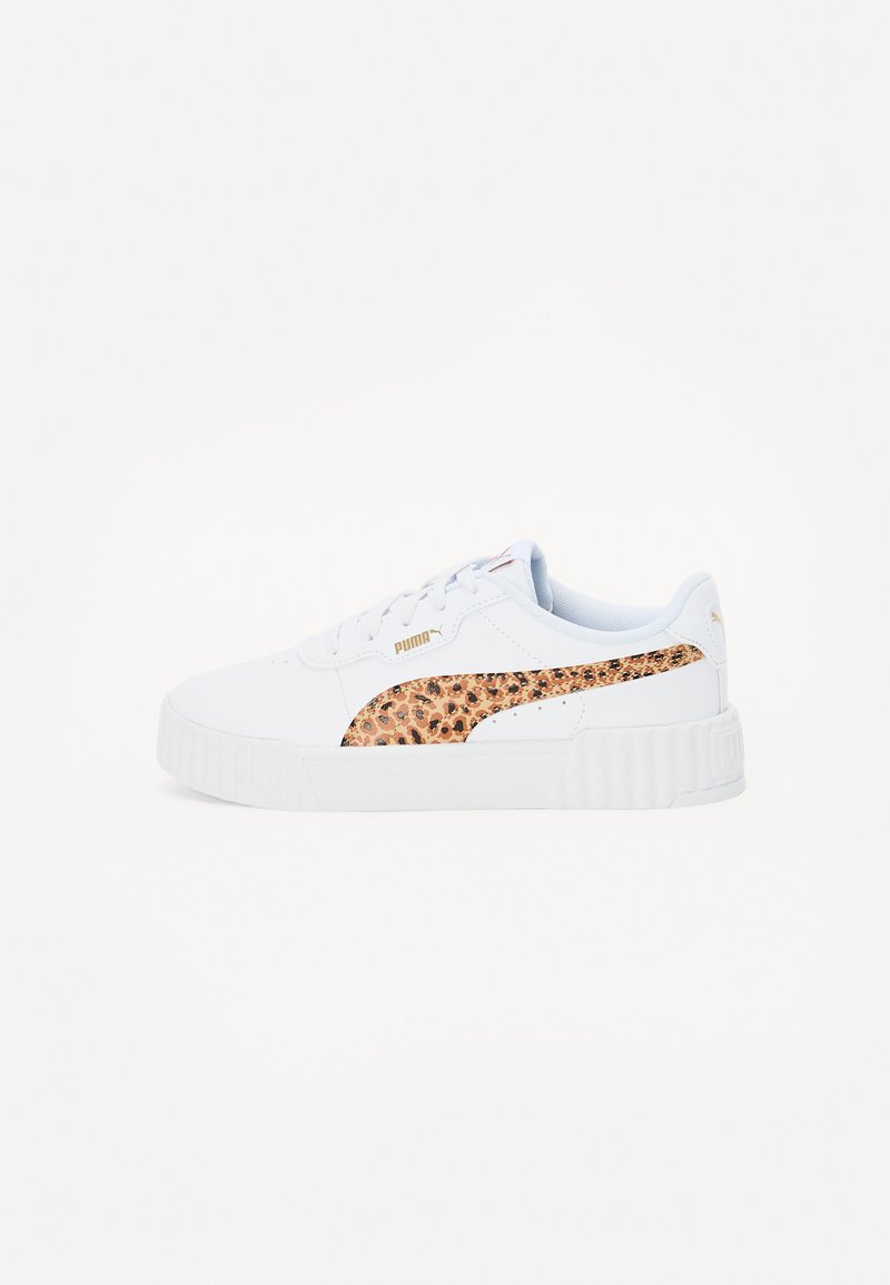 White sneakers with a textured, leopard-print side design. Features a thick, ridged sole and subtle golden branding on the upper.