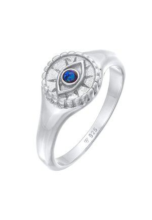 Bague en argent sterling avec un chaton circulaire présentant un motif en forme d'œil et une pierre précieuse ovale bleue centrale, poinçonnée 925 à l'intérieur de l'anneau.