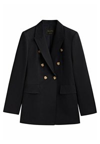 Blazer noir croisé à double boutonnage avec boutons dorés, revers crantés et deux poches frontales. Tissu lisse avec une coupe structurée.