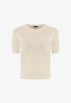 Cream-colored knitted short-sleeve top with a scalloped neckline and a fitted silhouette, featuring a smooth texture and simple design.