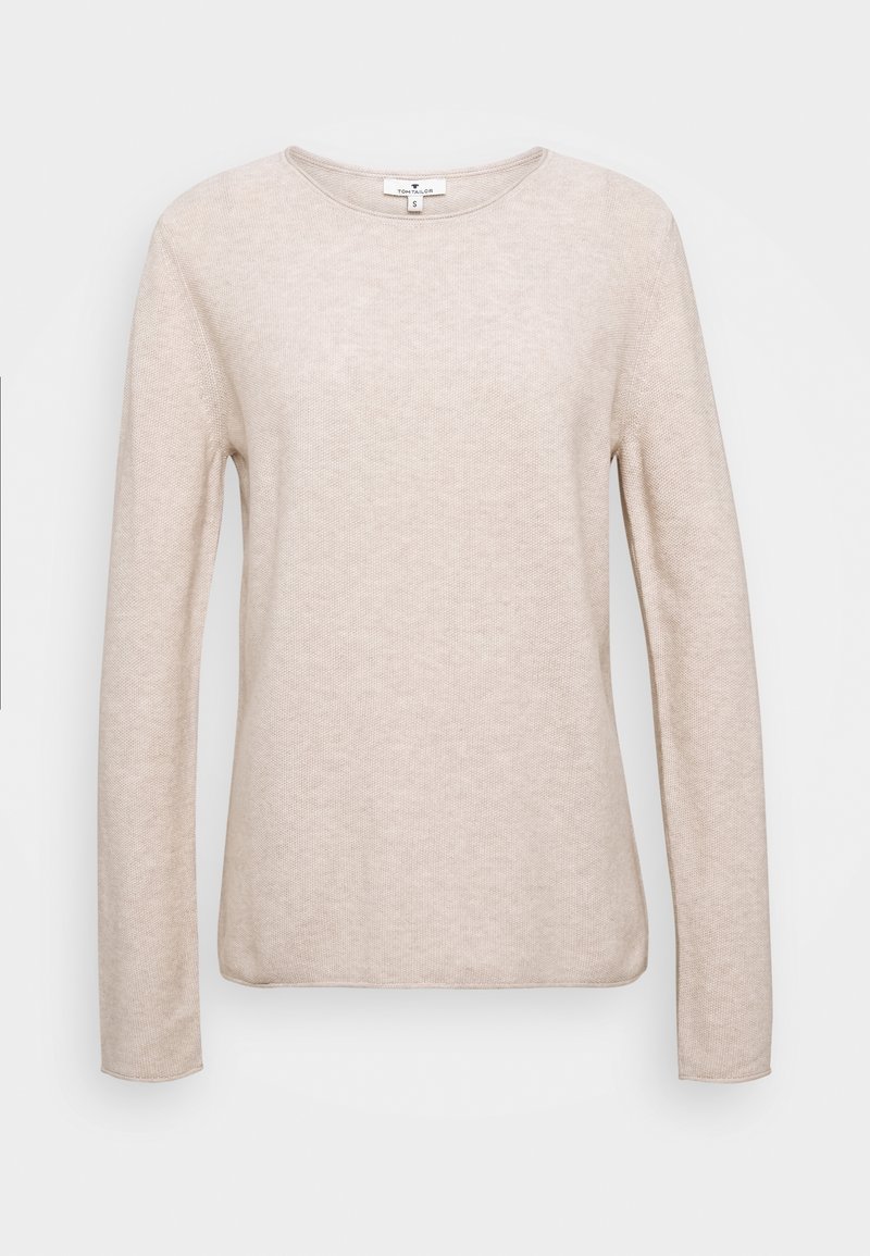 Pull en maille beige à manches longues, col rond, poignets ajustés et motif texturé subtil, taille small de Tom Tailor.