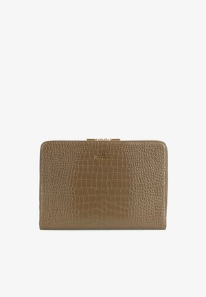 Portafoglio marrone in pelle con texture coccodrillo, cerniera dorata e logo Wittchen centrato sul davanti.