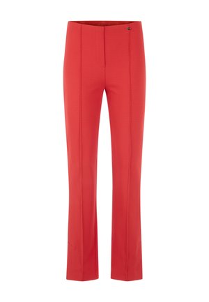 Red, textured fabric trousers with a slim fit, flat front, and a slight flare at the bottom; features two side pockets and subtle branding.