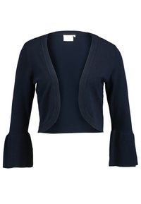 Cardigan court bleu marine en tricot doux, avec un décolleté en V et des manches évasées. Aucun fermoir ni motif n'est visible.