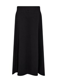 Black ankle-length skirt made from soft fabric, featuring an elastic waistband and a simple, unembellished design without pockets.