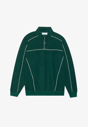 Groene fleece sweatshirt met een hoge kraag, halflange rits en witte piping accenten langs de schouders en mouwen. Zachte textuur, relaxte pasvorm.