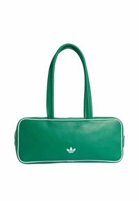 Zelena torbica od umjetne kože pravokutnog oblika, s bijelim obrubom i dvostrukim ručkama. Na prednjem dijelu nalazi se suptilan bijeli logo.