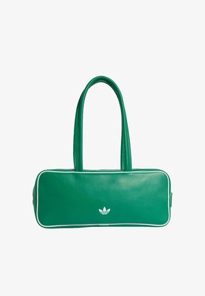 Green faux leather handbag with a rectangular shape, white piping, and double handles. Features a subtle white logo on the front.