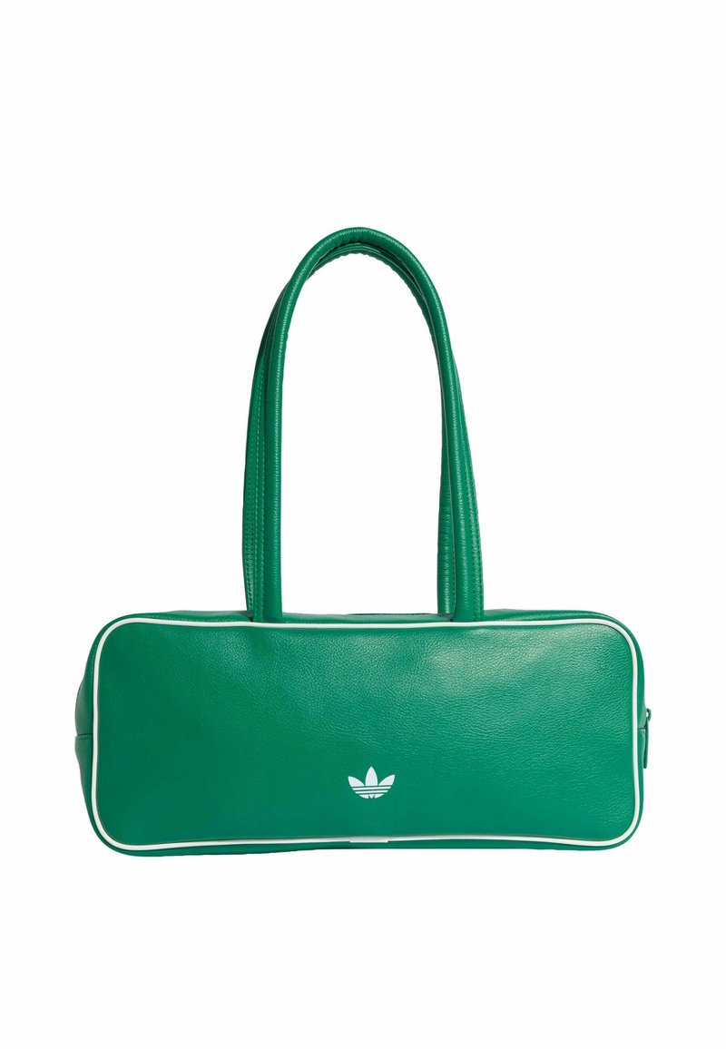 Zelena torbica od umjetne kože pravokutnog oblika, s bijelim obrubom i dvostrukim ručkama. Na prednjem dijelu nalazi se suptilan bijeli logo.