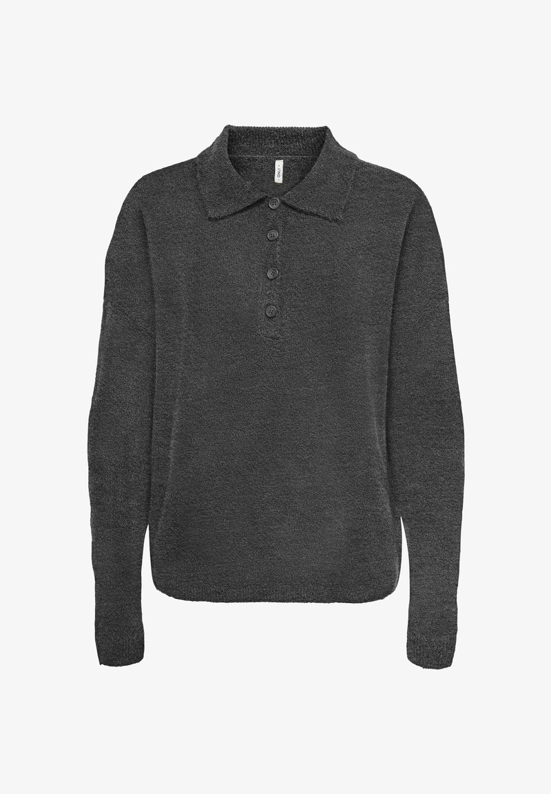 Pull en maille gris foncé à manches longues avec un col polo et quatre boutons noirs sur la patte de boutonnage avant.
