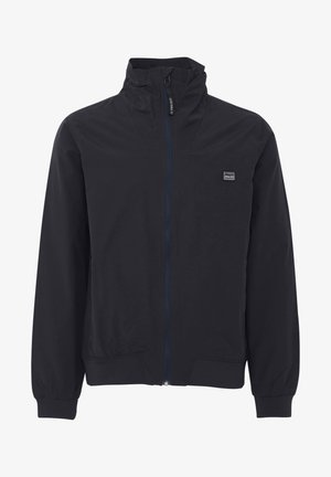 Zwarte windbreaker jas van lichtgewicht stof, met een rits aan de voorkant, hoge kraag, elastische manchetten en een klein logo op de borst.