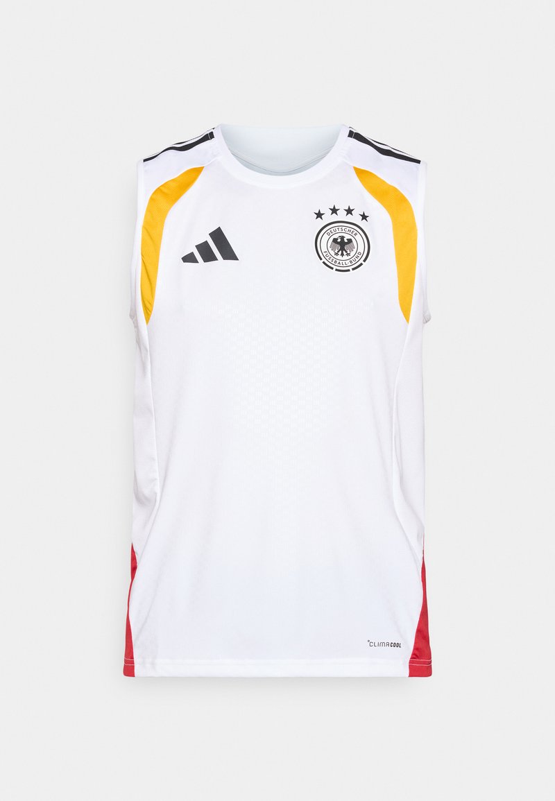 White sleeveless jersey with black accents, yellow and red side panels, featuring a logo and four stars above it, and "Climacool" label.