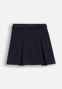 Granatowa plisowana spódnica z szerokim pasem, zamkiem błyskawicznym i gładką fakturą. Charakteryzuje się ostrymi fałdami i usztywnionym krojem.