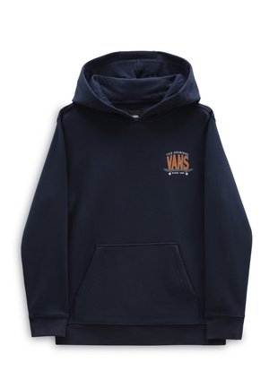 Marineblå pullover-hoodie med frontlomme. Har et logo i orange og hvid på brystet. Fremstillet af blødt stof.
