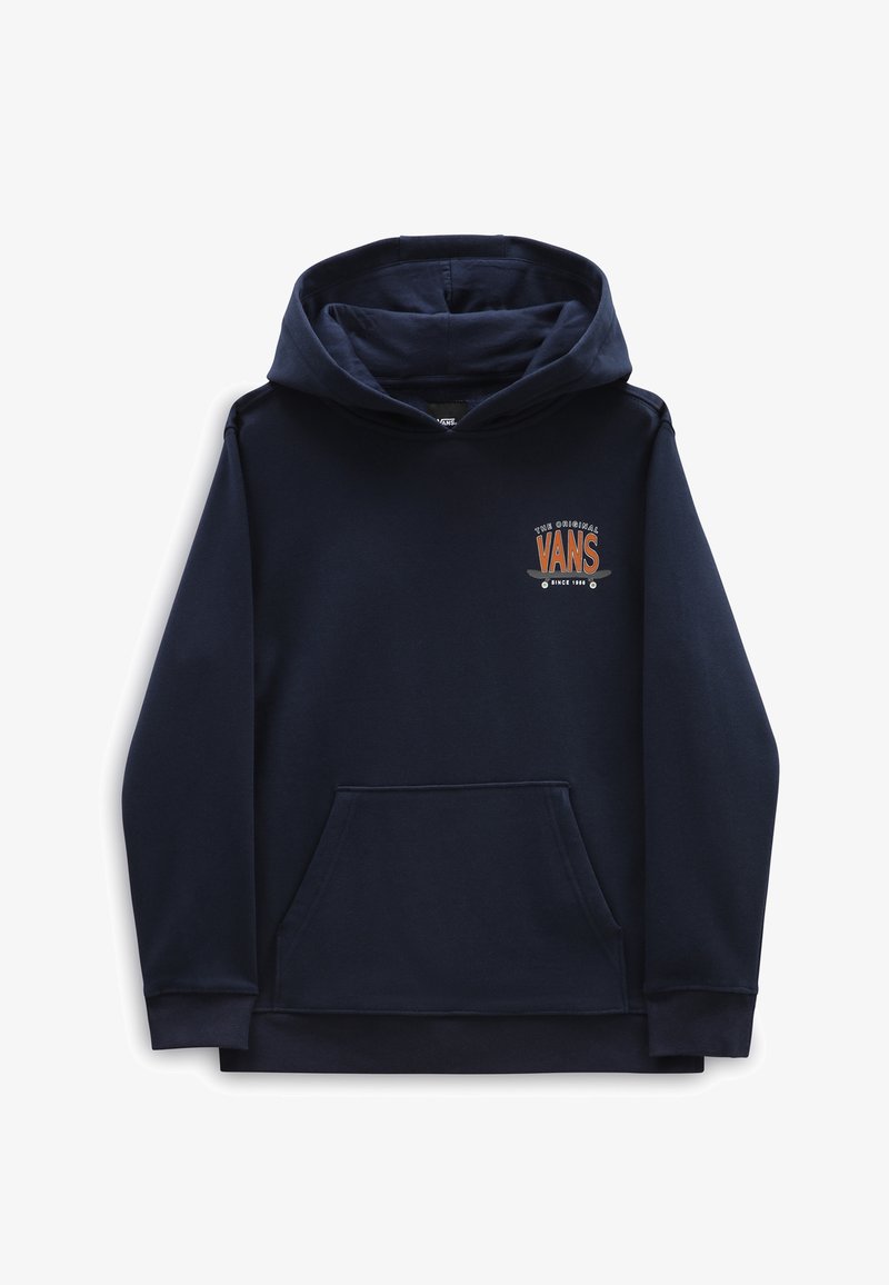 Sweat à capuche bleu marine avec poche kangourou à l'avant. Présente un logo imprimé en orange et blanc sur la poitrine. Fabriqué en tissu doux.