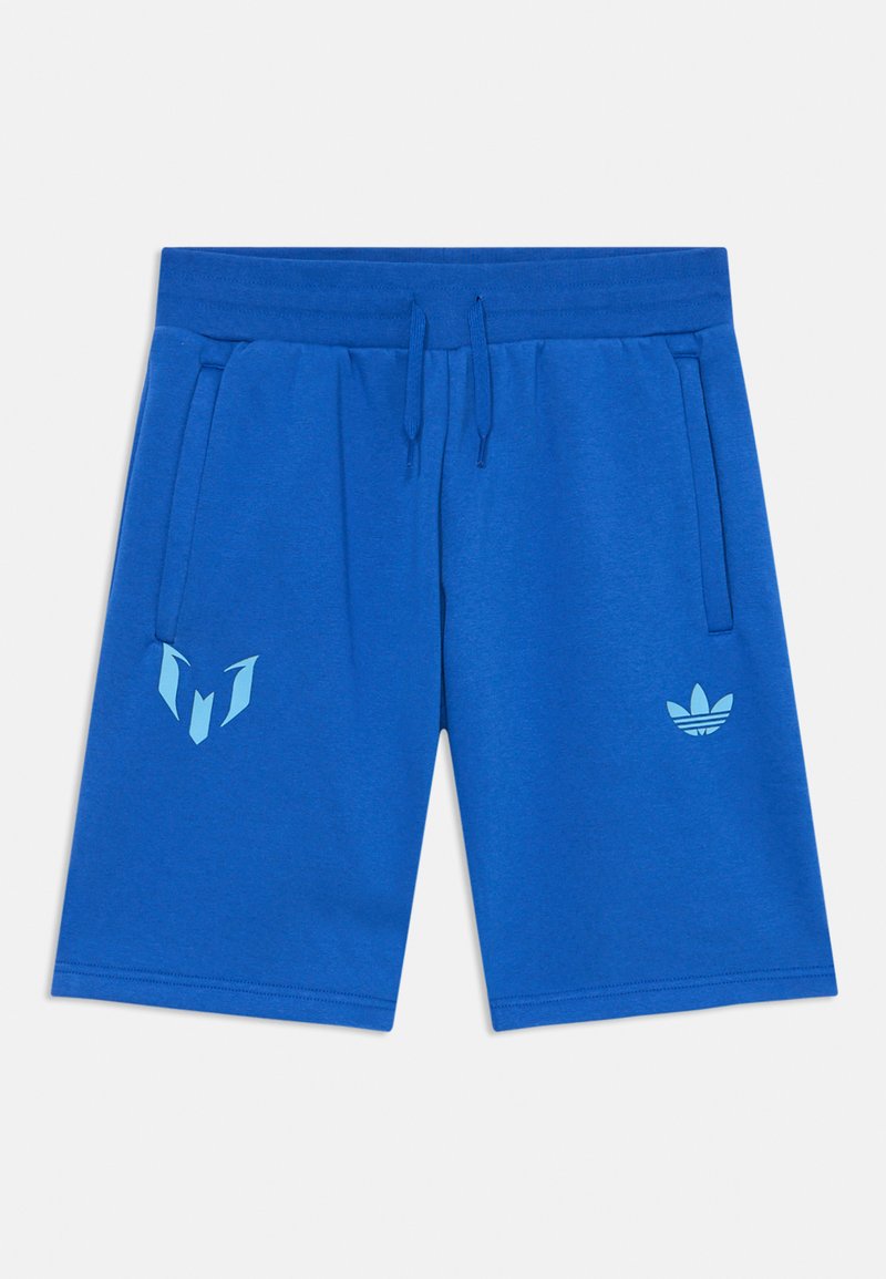 Blaue Sportshorts aus weichem Stoff, mit einem Kordelzugbund, Seitentaschen und hellblauen Logos auf der Vorderseite.