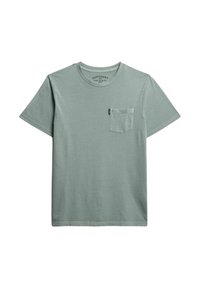 Lys grøn kortærmet T-shirt lavet af blødt stof, med en brystlomme på venstre side og rund halsudskæring.
