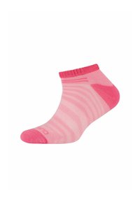 Różowa skarpetka za kostkę w poziome paski, z prążkowanym ściągaczem, miękką teksturą i jednolitym różowym palcem. Lekki i przewiewny materiał.