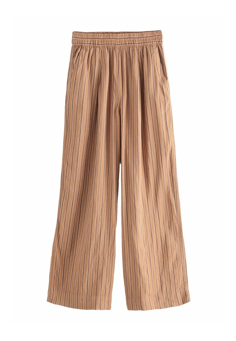 Pantalon beige à jambes larges avec fines rayures noires verticales et ceinture élastique, fabriqué en tissu léger.