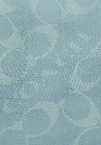 Tessuto azzurro chiaro con un motivo testurizzato di cerchi interconnessi e la parola "COACH" intrecciata in modo sottile nel design.